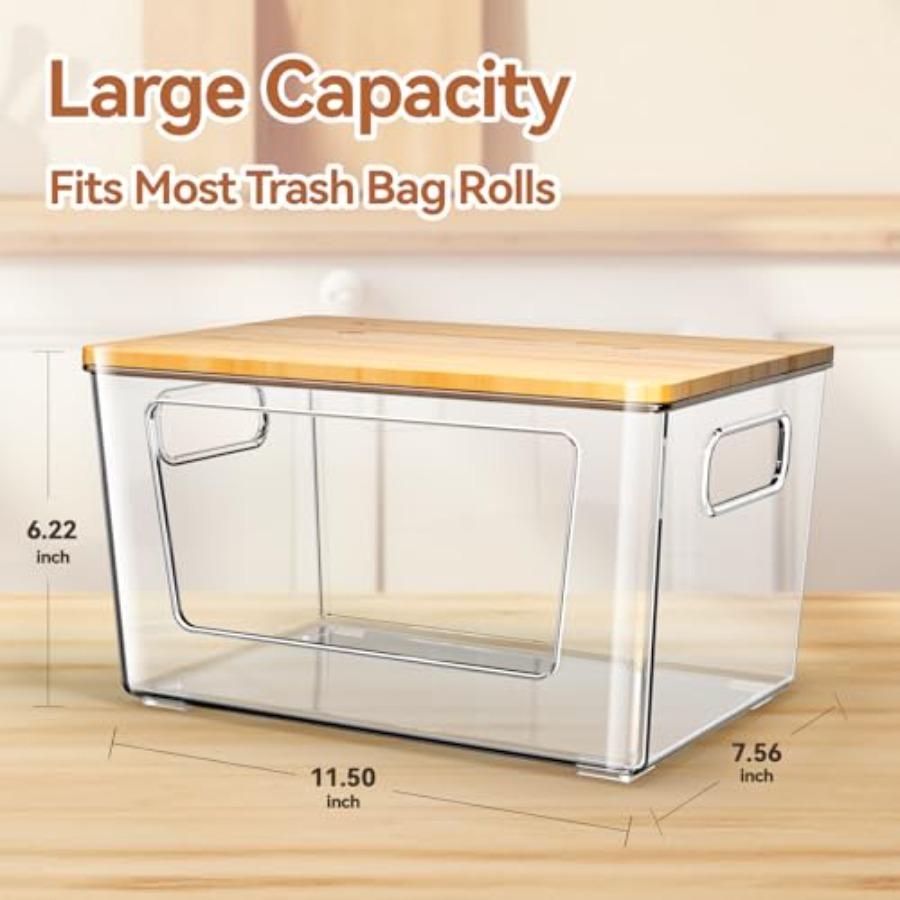 2 Pack Stackable Bamboo Lid Trash Bag Holder Extra Large Garbage Bag Dispenser for Kitchen Laundry Room Under Sink Organization