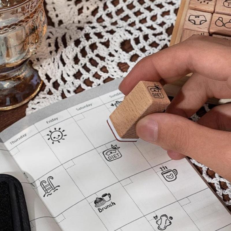 Exquisite Daily Life 18 Pieces Of Beech Wood Seal Set Diy Journal Decorative Materials Stamp Wooden Box Collage Stamp Gift