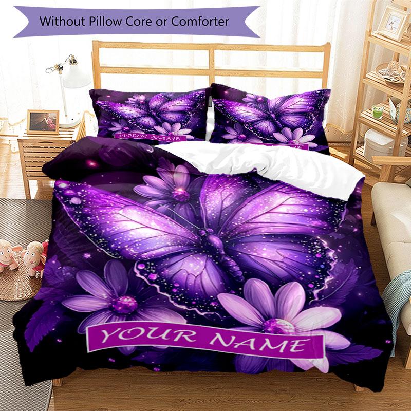 3pcs Custom Name Purple Butterfly Fantasy Bedding Set Printed Bedding Set Duvet Cover Closure Includes 1 Duvet Cover & 2 Pillowcases Bedroom Decor
