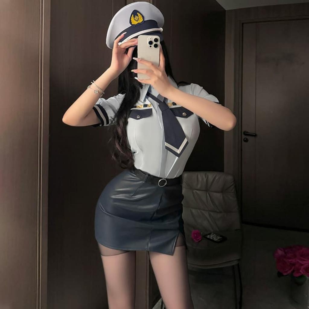 Sexy Flight Attendant Police OL Woman Sexy Cosplay Lingerie Office Lady Erotic Costume Wrap Hip PU Leather Skirt and Shirt Set