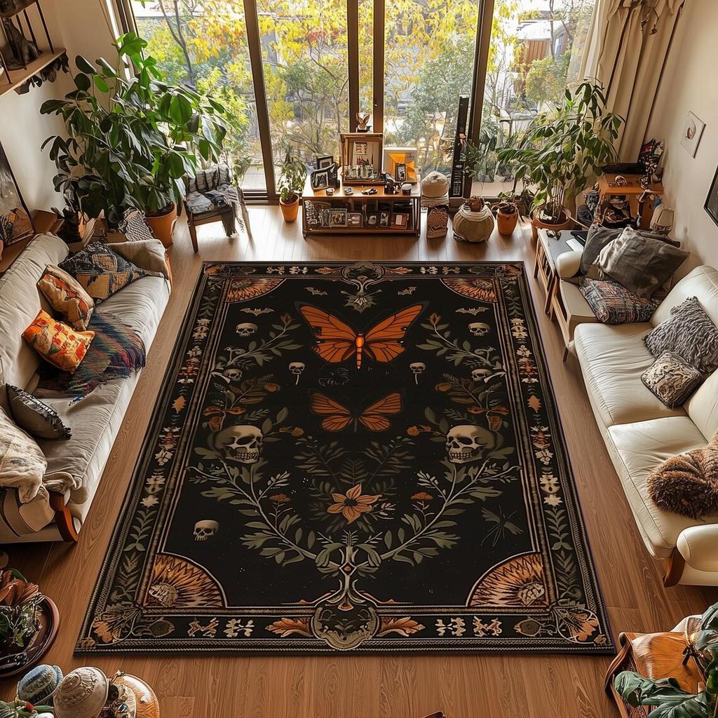 Occult Butterfly Rug Vintage Gothic Floral Washable Carpet for For Bedroom, Living Room, Kitchen Decorations Floor Mat