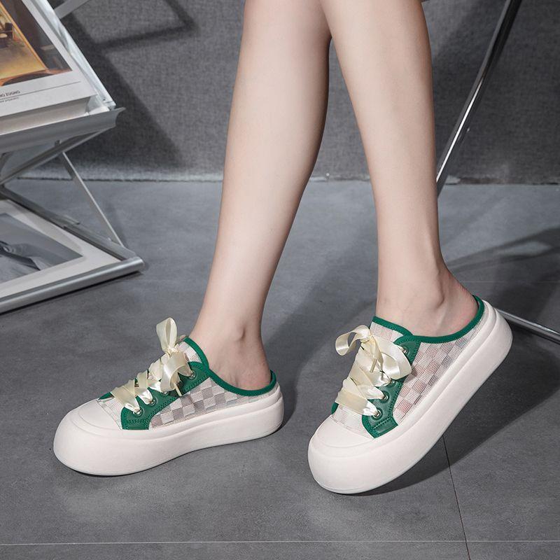 Fashion Height Canvas Slides Round Toe Women's Mules Slippers and Ladies Sandals Outside Shoes Designer Luxury Comfortable Elegan Shoe