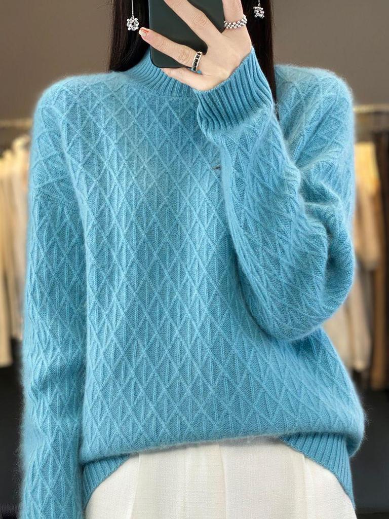 2023 Loose Fit High Neck Wool-Blend Sweater with Diamond Pattern for Autumn & Winter