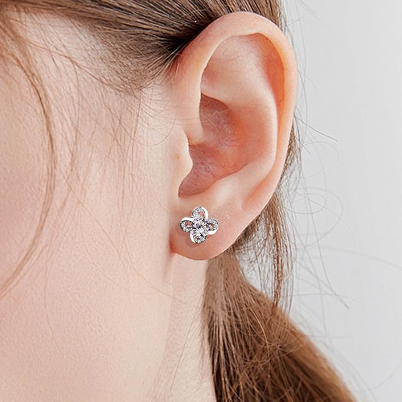 Náušnice Zoomers čtyřlístek Nádherné zirkony čiré bílé stříbro 925 dámské květinové motivy rostlin roztomilé módní jihokorejské formální