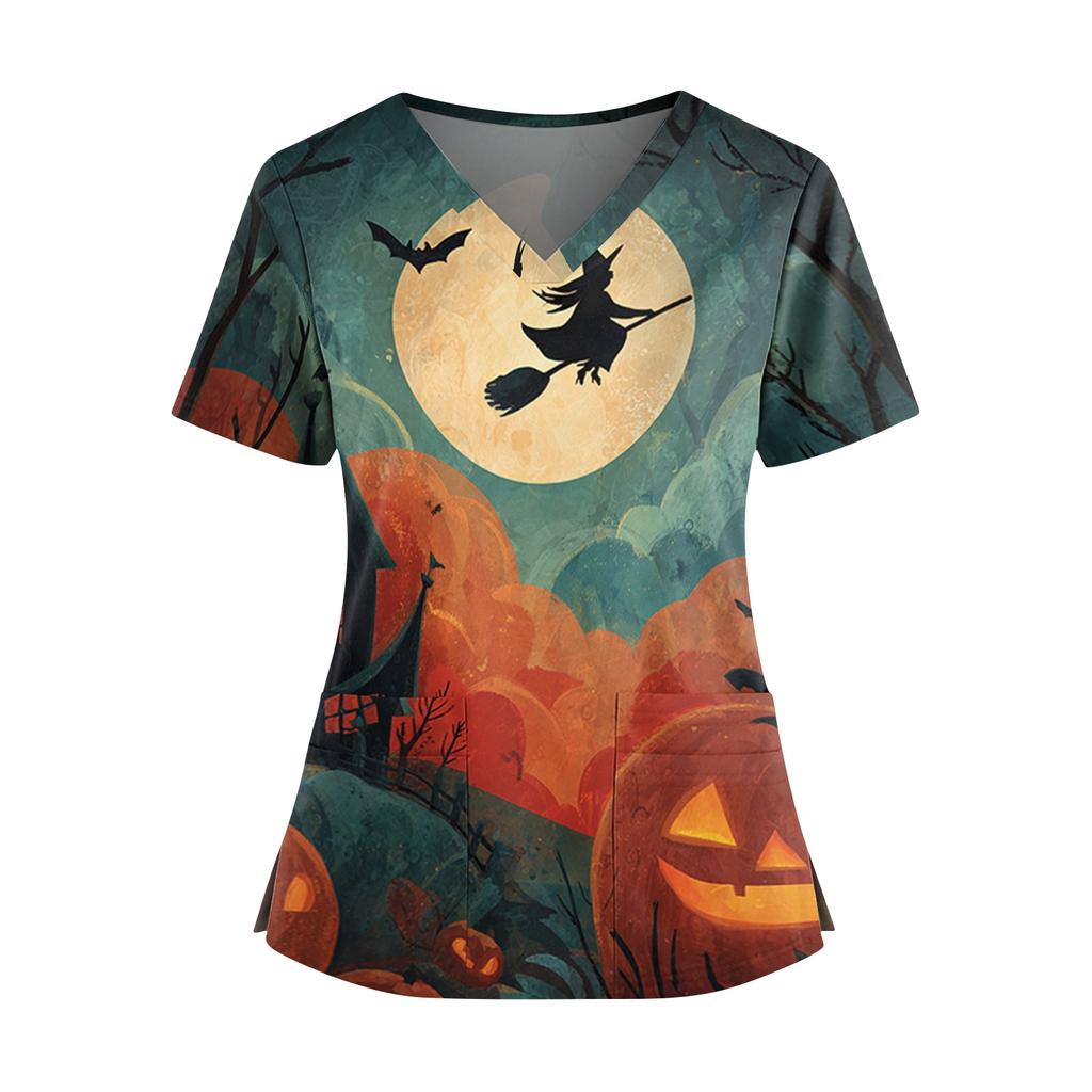 Halloween Print V Neck Short Sleeve Nurse Scrub Top with Dual Pockets and Side Slits Medical Uniform Shirt for Healthcare Professionals
