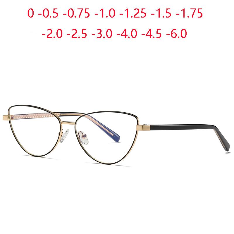 0 -0.5 -0.75 To -6.0 Blue Light Blocking Cat Eye Nearsighted Glasses For Women Metal Shortsighted Prescription Glasses Women