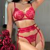 Sexy erotic underwear French ultra-thin embroidered lace underwear big chest small bra garter belt three pieces
