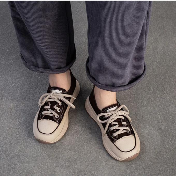 Johnature Genuine Leather Thick Soled Casual Women's Shoes Round Toe Comfortable Lace-up Flat Platform Shoes