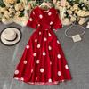 Moda Polka Dot Baskılı Kadın Elbise Yaz Zarif Vintage Bandaj İnce Bel Büyük Salıncak Uzun Parti Elbisesi