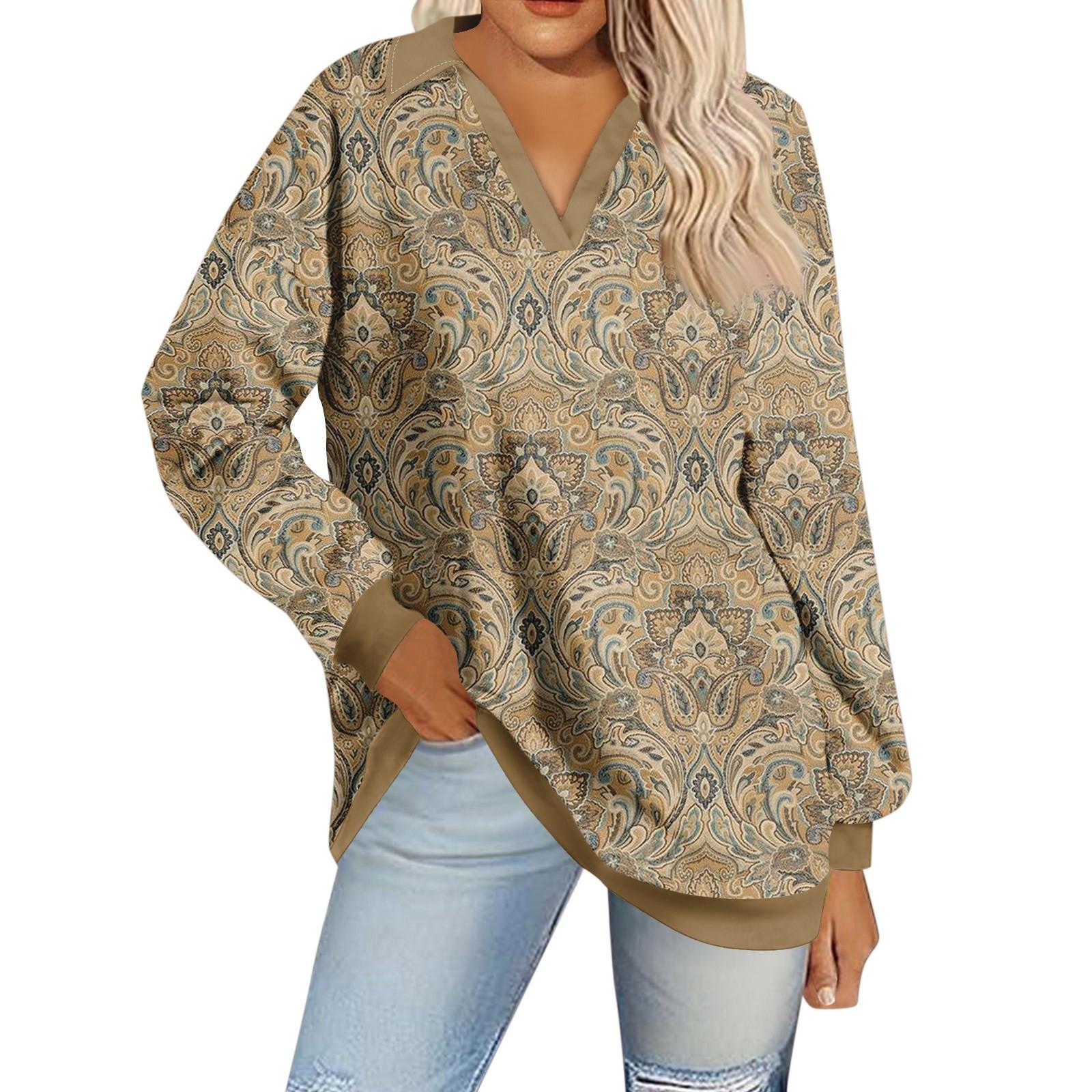 

Женская мода полосатый принт V-образный вырез длинный рукав свободный пуловер свитшот топ XXL хаки