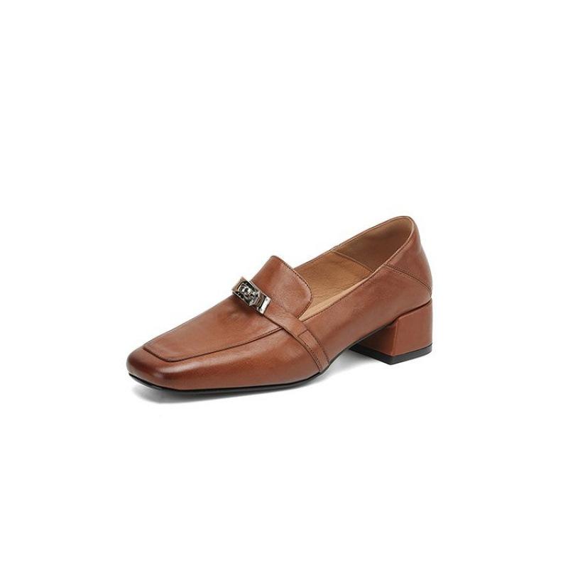 Casual square heel small leather shoes new fashion single shoes women's headgear and feet one pedal beef tendon sole large size medium heel fashion