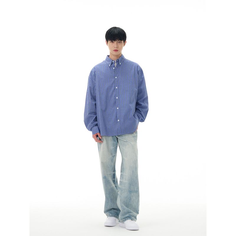 Kisko Retro Blue Gingham Laid-Back Long Sleeve Shirt