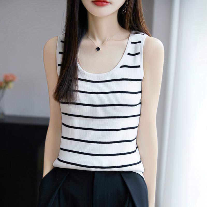2025 Summer Women's Pure Cotton Striped U-neck Knitted Tank Top