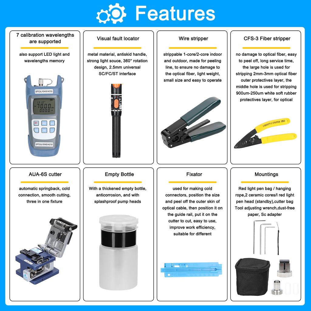 Glasfaser-FTTH-Werkzeugsatz, optischer Leistungsmesser, Faserspalter, Abisolierzange für optische Fasern