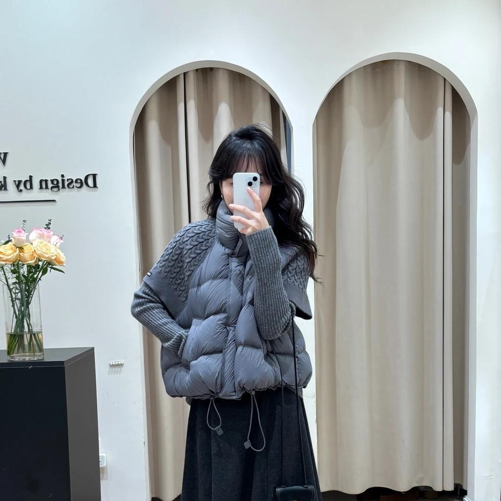 Gestrickte Patchwork-Stehkragen-Baumwollweste Damen Kurz Winter Neu Mode Locker Kleine Weste Jacke Trend