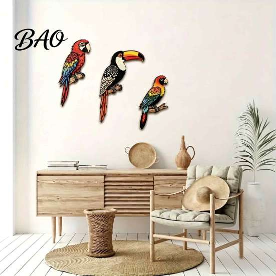 Decorative Toucan Parrot Prints 3Pcs Tropical Bird Wooden Wall Decor, 2D Flat Wood Outdoor Courtyard Decoration Art, Colorful Animal Ornament