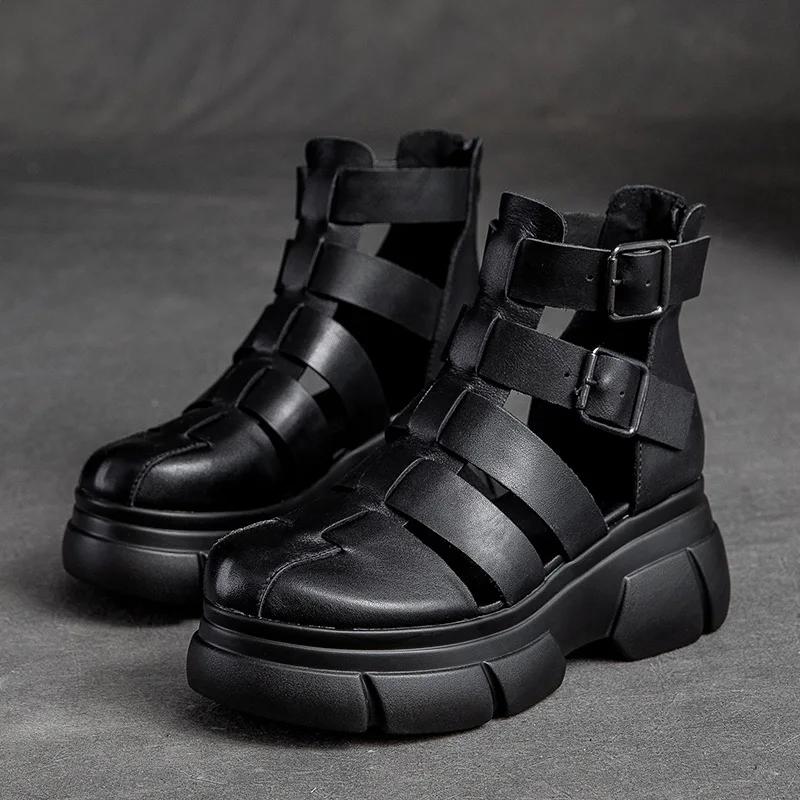 Fashion Hot Quality 6CM Retro Thick Heel Sandals for Women Genuine Leather Summer High Heel Closed Toe Sandals Buckle ZIP Platform Shoes