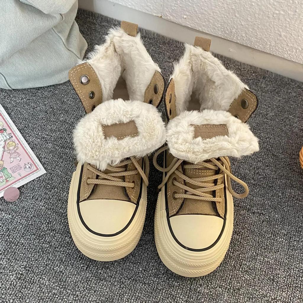Women Shoes Winter Plush Warm Cotton Shoes Classic High Top Canvas Oes Winter Sneakers for Women Lace Up Platform Vulcanize Shoe