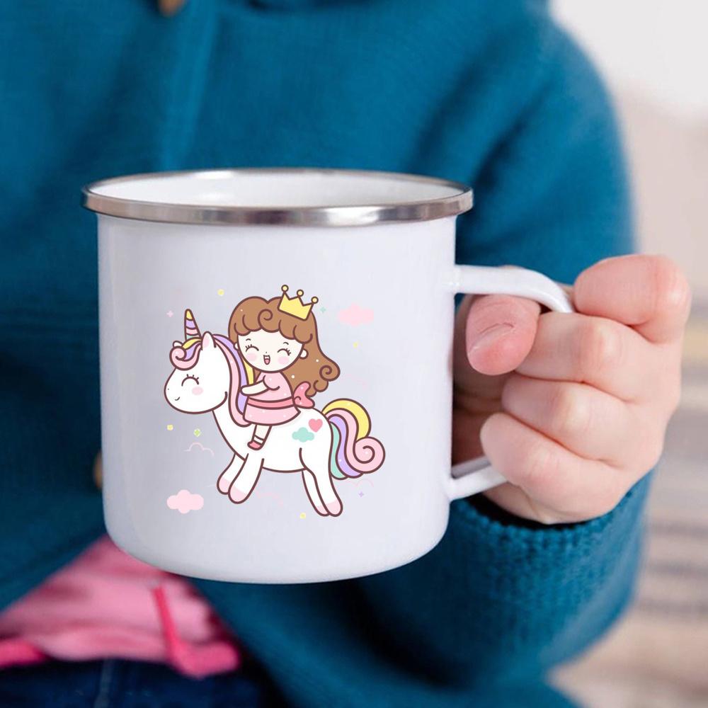 Cartoon Unicorn Printed Creative Mug Water Juice Drinks Milk Cup Enamel Mugs Handle Drinkware Kids Birthday Children's Day Gift