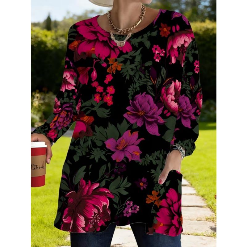 Women's long-sleeved round-neck T-shirt, suitable for spring, autumn and winter seasons. It has pockets and print designs. machine washable.
