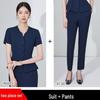 Women's Dark Blue Short-Sleeved Suit Set - Summer Professional Attire for Hotel and Jewelry Store Front Desk.