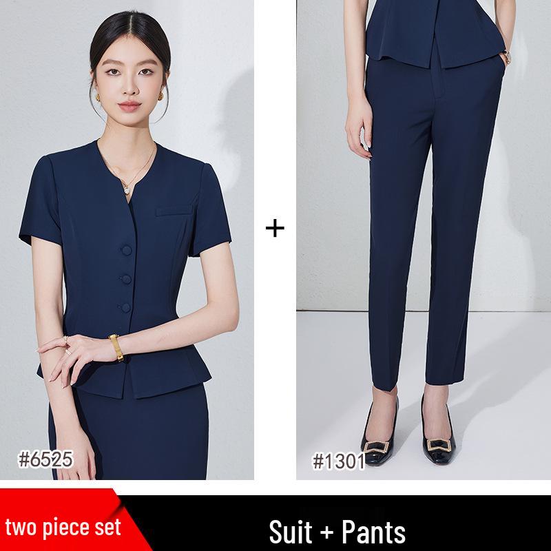 Women's Dark Blue Short-Sleeved Suit Set - Summer Professional Attire for Hotel and Jewelry Store Front Desk.