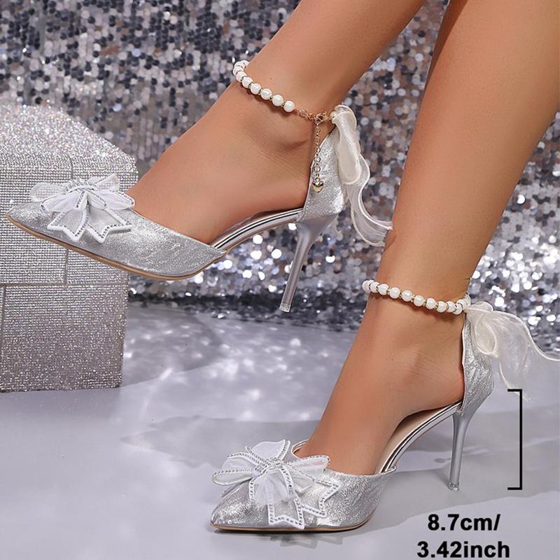 Fashion Weeding Bling Crystal Pumps Heels Women Summer Luxury Pearl Buckle Strap Woman Pumps Shoes Pointed Toe Bow High Heels Ladies