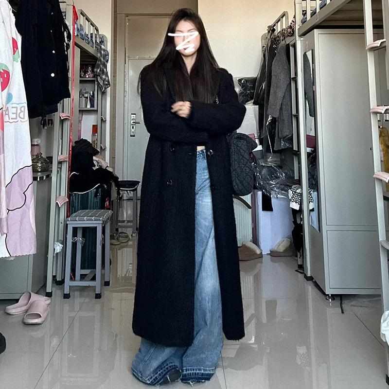Women's Black Wool-Blend Thickened Coat - Autumn/Winter, Korean Style, High-End Loose Fit