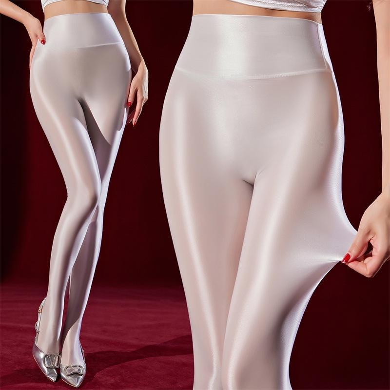 Women High Waist Glossy Shiny Leggings, Solid Color Oil Silk Stretch Footed Tights, 9 Colors Skinny Fit Dance Yoga Workout Hosiery Pants