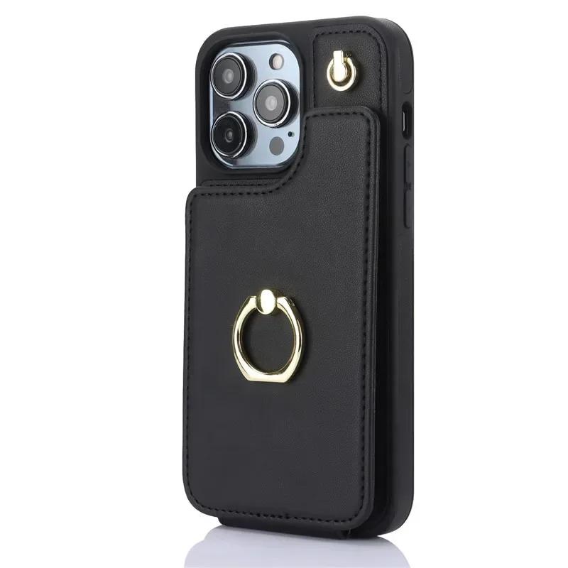 Ring Crossbody Leather Wallet Card Solt Phone Case for iPhone 16E 16 Pro Max 15 14 Plus 13 12 11 X SE 2022 Flip Purse Cover Bag
