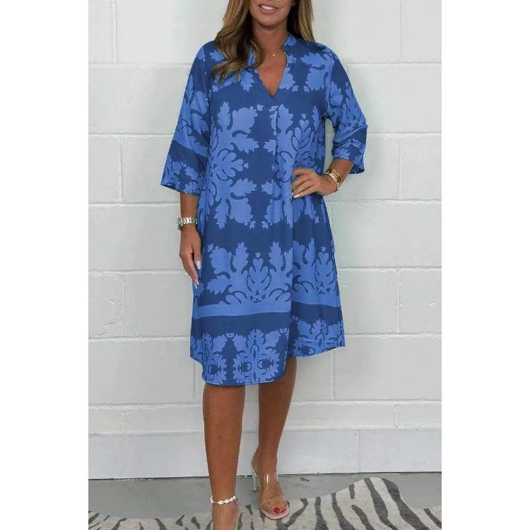 Women Floral Print Dress V Neck 3 4 Sleeve Midi Fall New Casual European American Style