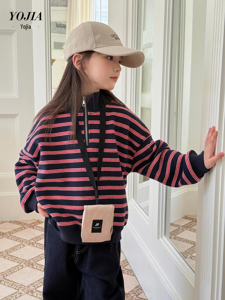 YOJIA 2025 Mädchen Gestreiftes Fleecegefüttertes Sweatshirt für Herbst/Winter