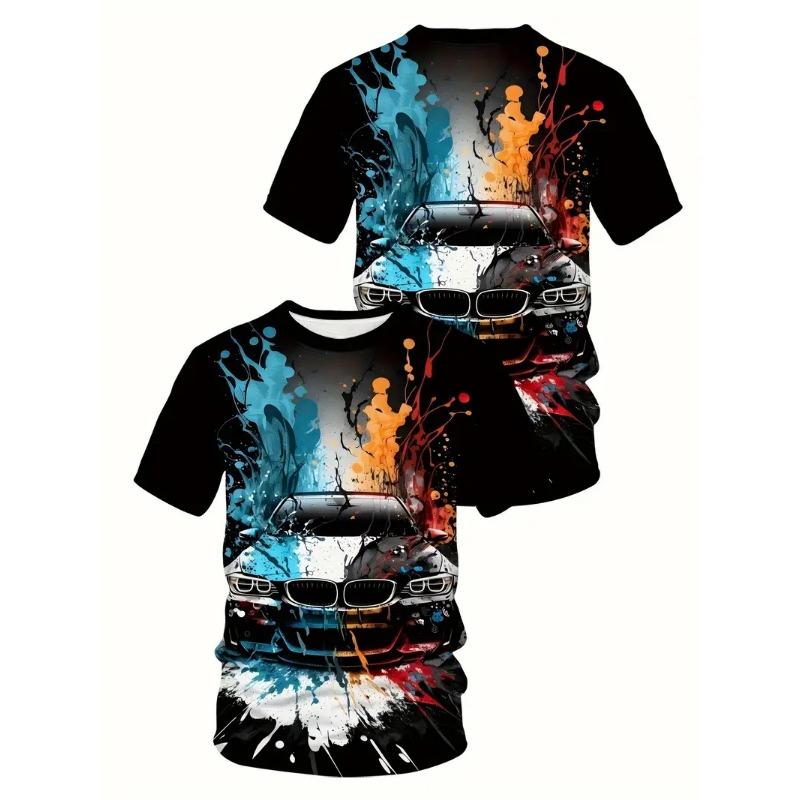 Men's Car Pattern T-shirt 3D Printed Round Neck T-shirt Casual Loose Men Quick Drying Breathable Comfortable