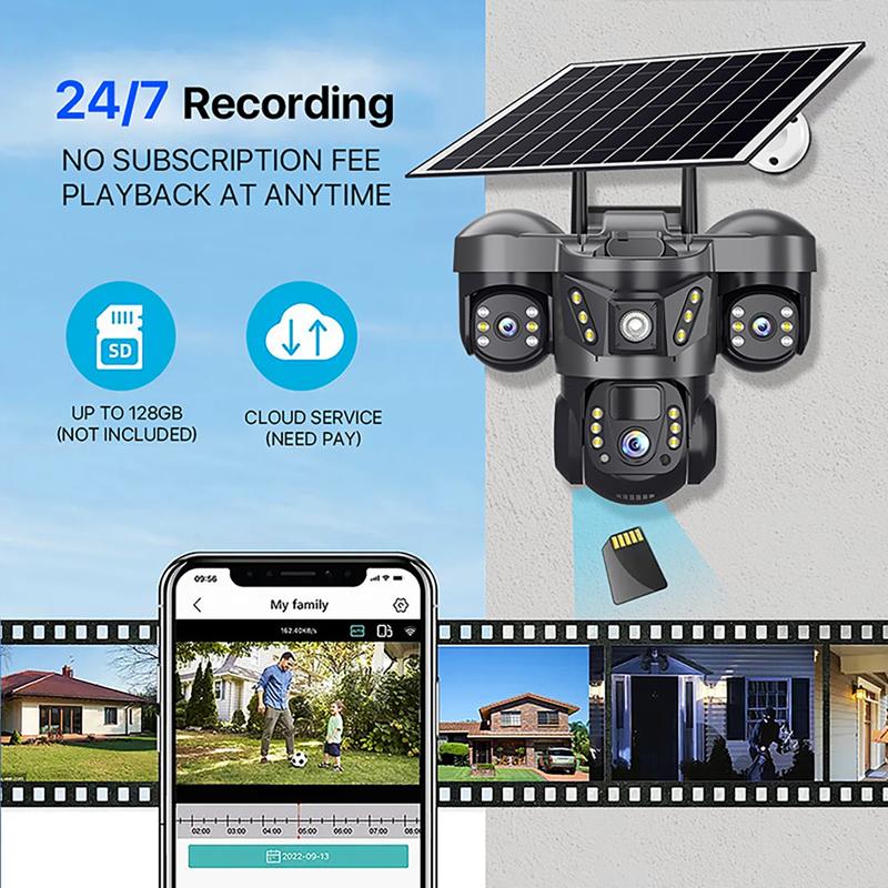 Cameră Solară 4G de Exterior Obiectiv Triplu Trei Ecrane 15MP Cameră IP cu Panou Solar Baterie Încorporată Detectare Mișcare PIR Cameră CCTV