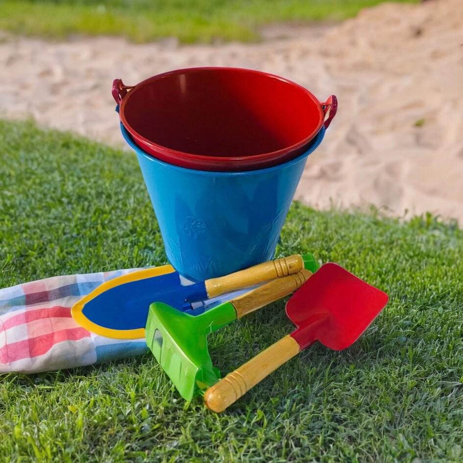 

Kids Beach Toy Set: Sand Play Shovel & Tin Bucket
