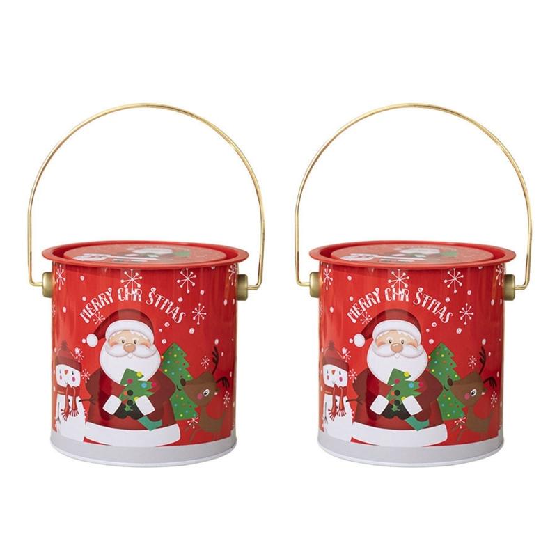 Pack Of 2 Christmas Treat Boxes with Handle Handheld Round Bucket Tinplate Sweets Cookie Container for Party Use