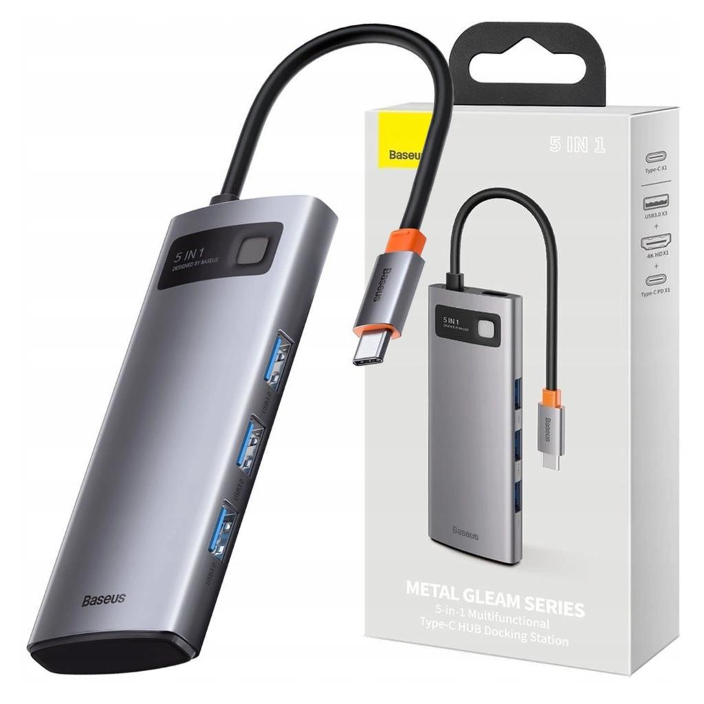 Hub 5W1 Baseus Metal Gleam Series, Usb-C Do 3X Usb 3.0 + Hdmi + Usb-C Pd