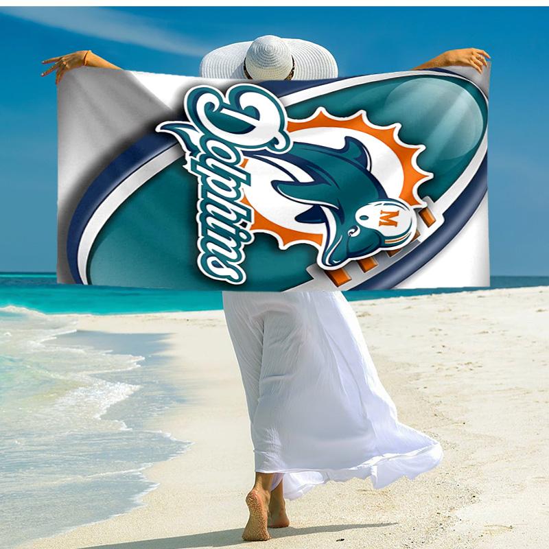 proof beach towel with Miami Dolphins logo pattern - soft,absorbent,quick-drying,machine washable - perfect for swimming,camping,bathing