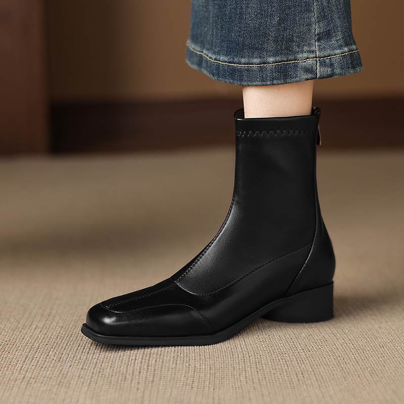 Krazing Pot Microfiber Winter Square Toe Modern Size 33 Boots Size 43 Concise Design Med Heels Zipper Women Ankle Boots
