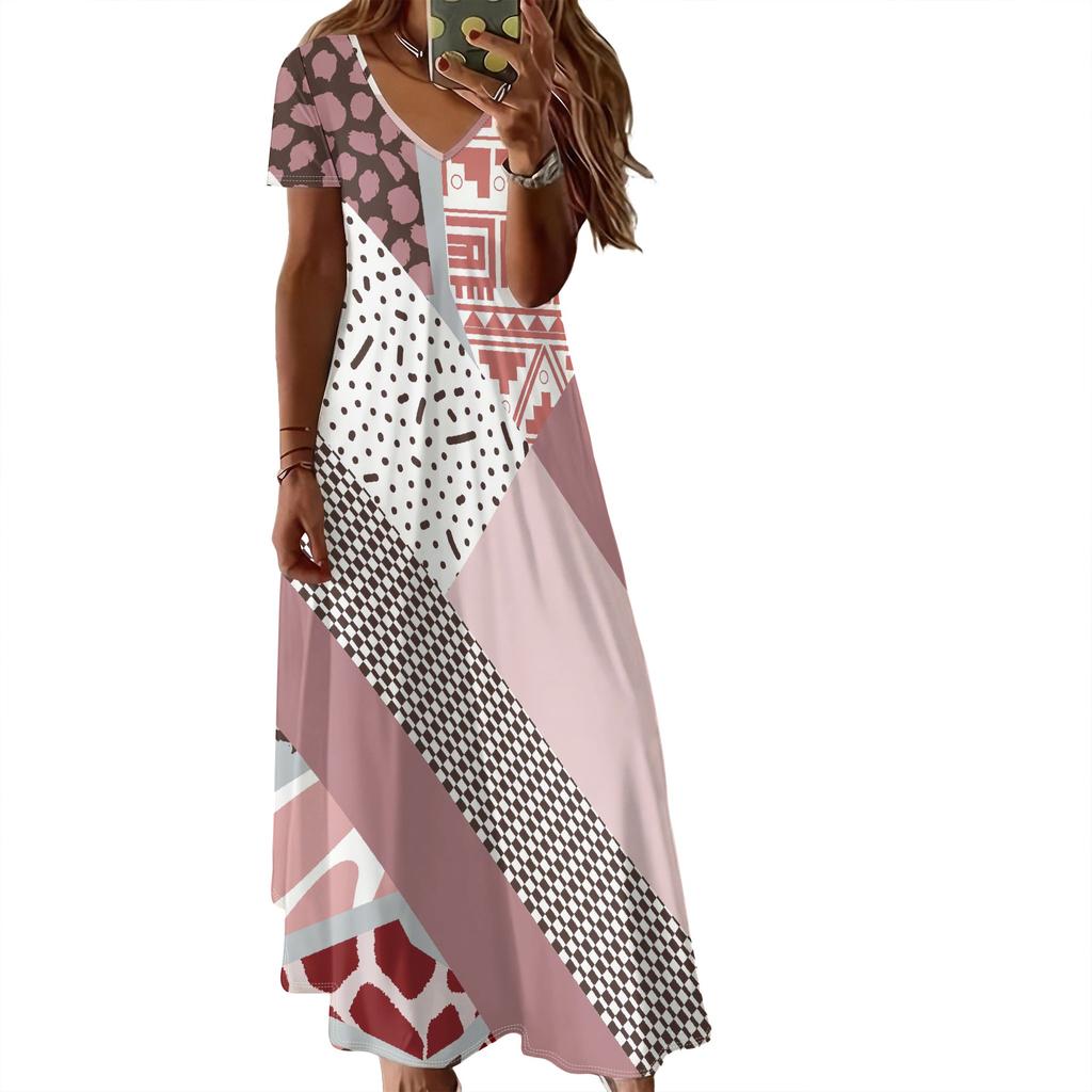 Summer Women's Short Sleeved V-neck Long Dress, 3D Fashionable Printed Pattern dress, Casual Vacation Style.