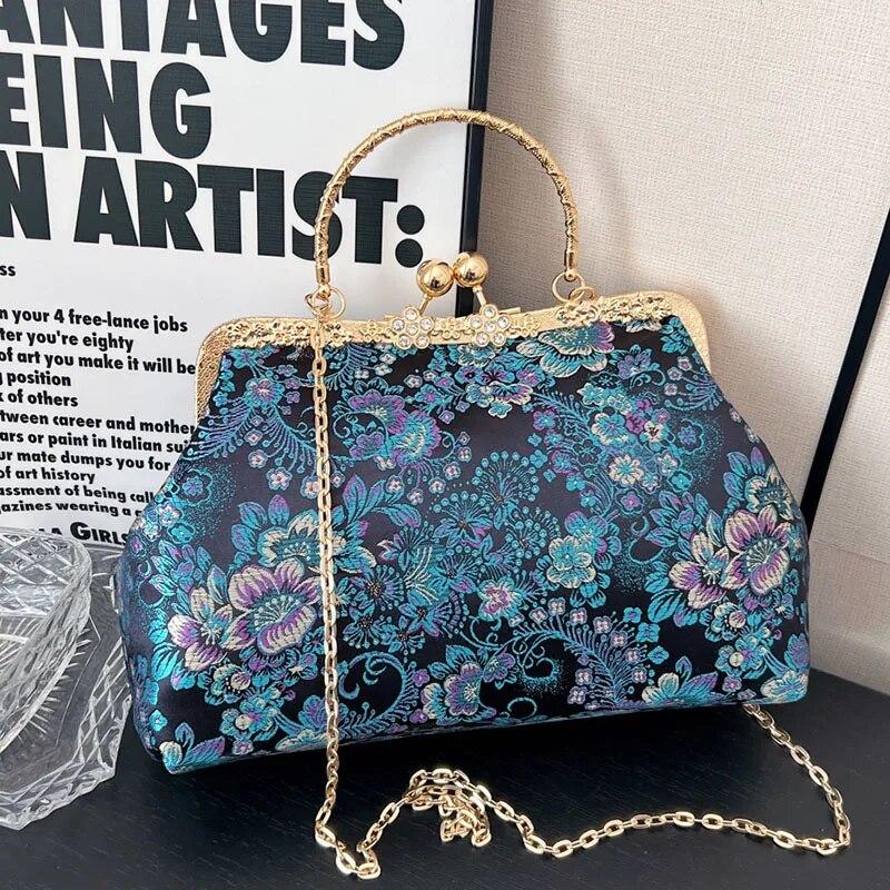Vintage Women Wedding Clutch Flowers Lock Shell Clip Fringe Chain Shoulder Bags Purple Blue Crossbody Bags Handbags And Purses
