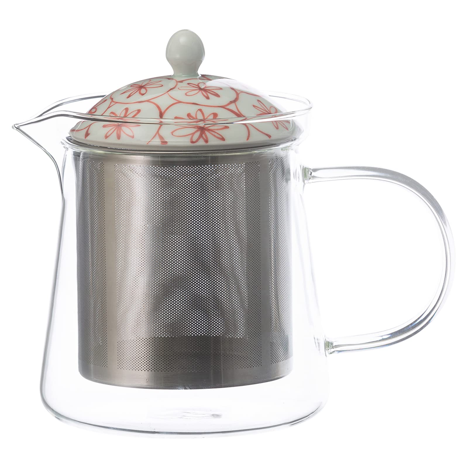 

Hasami Ware Issei Pottery Glass Teapot, Large, Approx. 600ml (with Super Stainless Steel Strainer), Flower Basket, Red, Made in Japan, 20499