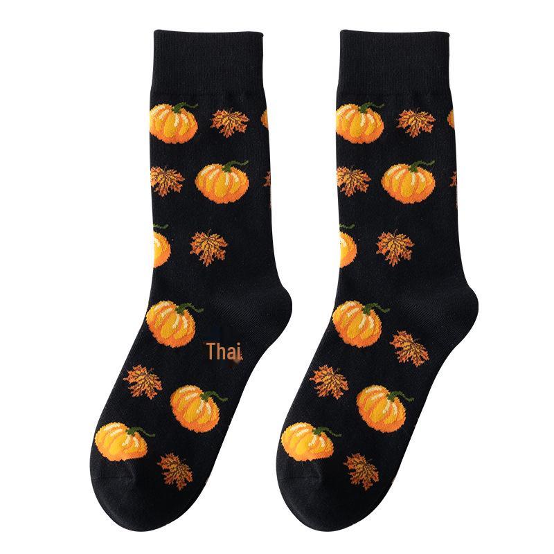 European & American Halloween Cartoon Socks: Pumpkin & Squirrel Mid-Calf Cotton for Men & Women