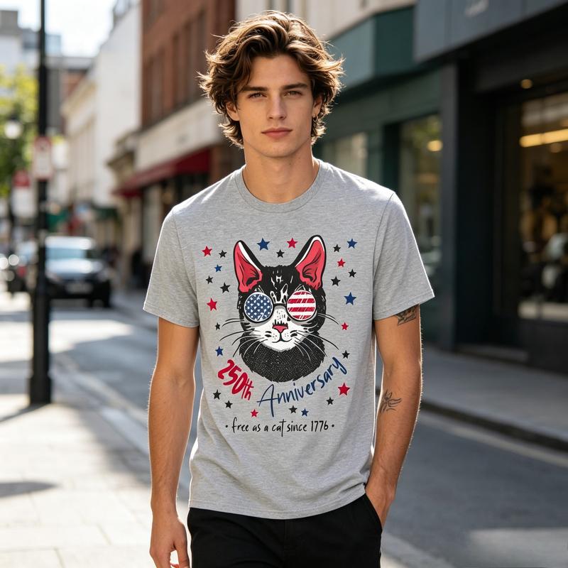 USA 250th Anniversary 17762026 T Shirt Retro American Flag Cat Graphic Tee Unisex Unisex Soft 100 Cotton Crew Neck Short Sleeve