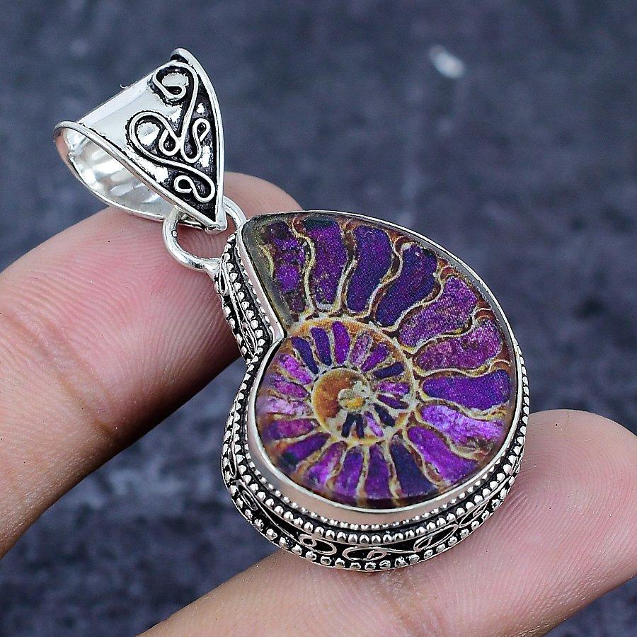 Natural Ammonite Fossil Gemstone 925 Sterling Silver Jewelry Pendant 1.97" p3H18