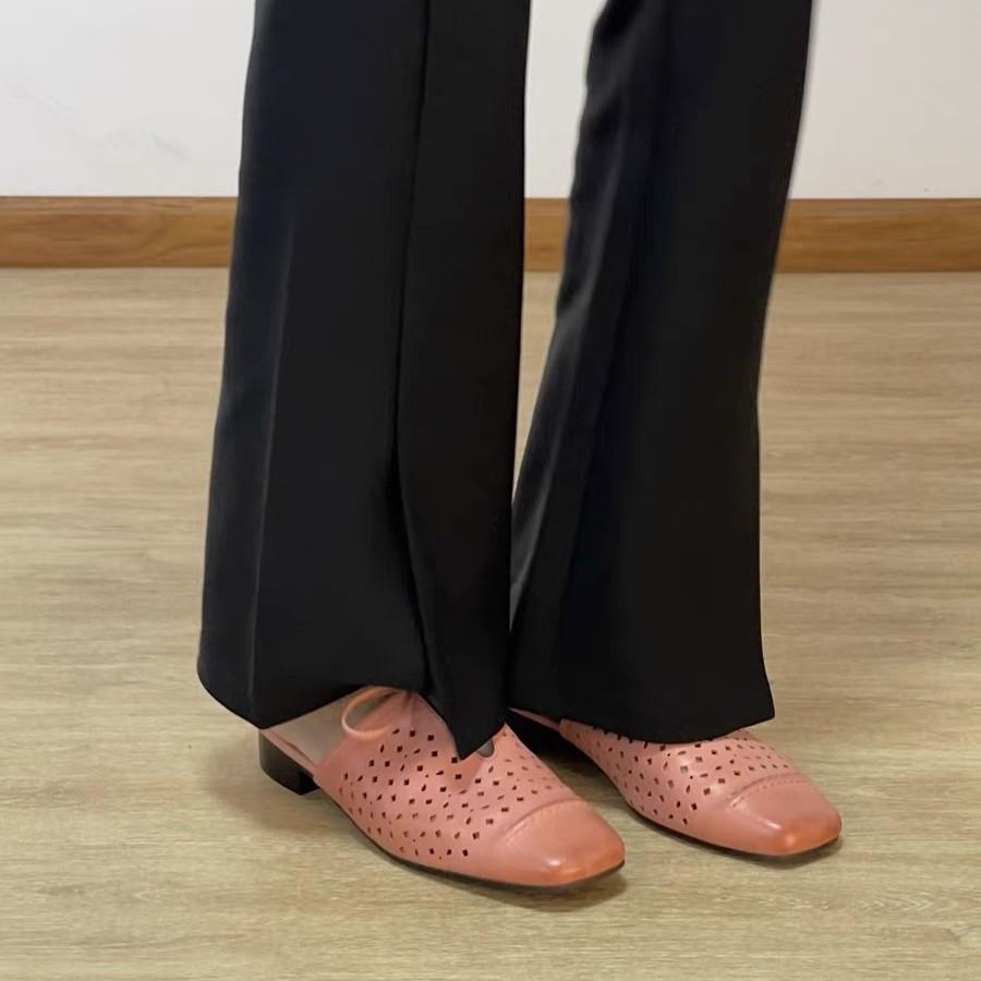 Fashion Female Shoes Fretwork Heels Womens Slippers Outdoor Med Cover Toe Slides 2025 Summer Genuine Leather Rome Rubber Fabric PU Hoof