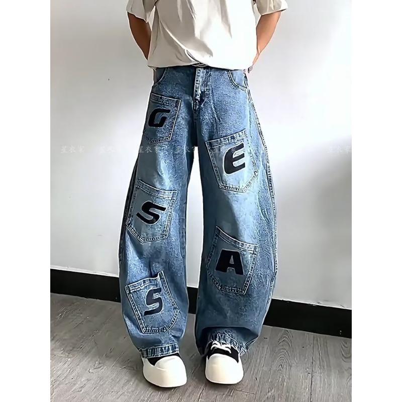 

Retro washed silhouette scimitar pants men s and women s multi-pocket tooling jeans mopping floor loose long pants 3XL синий