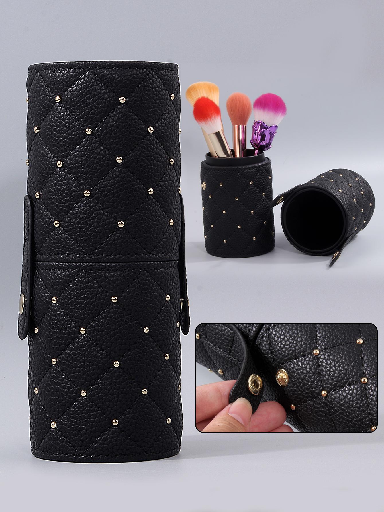 

Fashionable diamond-patterned black makeup bucket with rivet design,large-capacity makeup brush storagebucket,portable fortravel чёрный