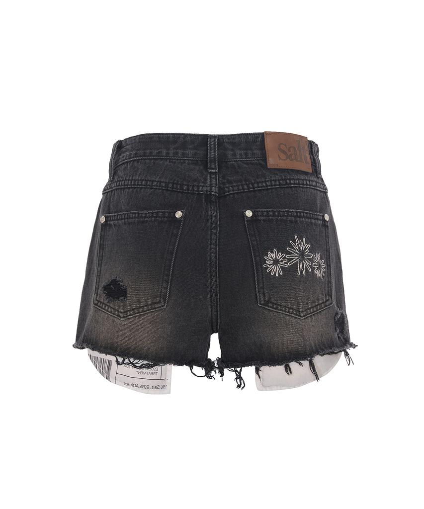 Sekeondeusolteu Layered Damaged Washed Denim Shorts (Raw Black)