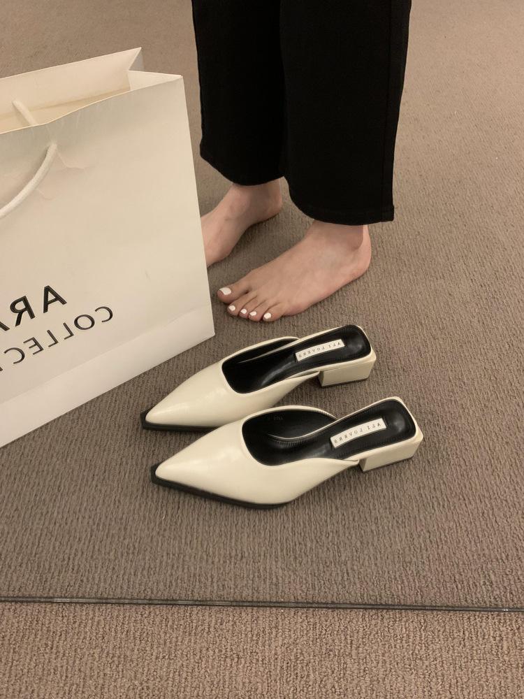 Nai Pai~ Retro bag head half slippers for women wearing lazy people with one pedal, pointed muller shoes, thick heel half support single shoes for w